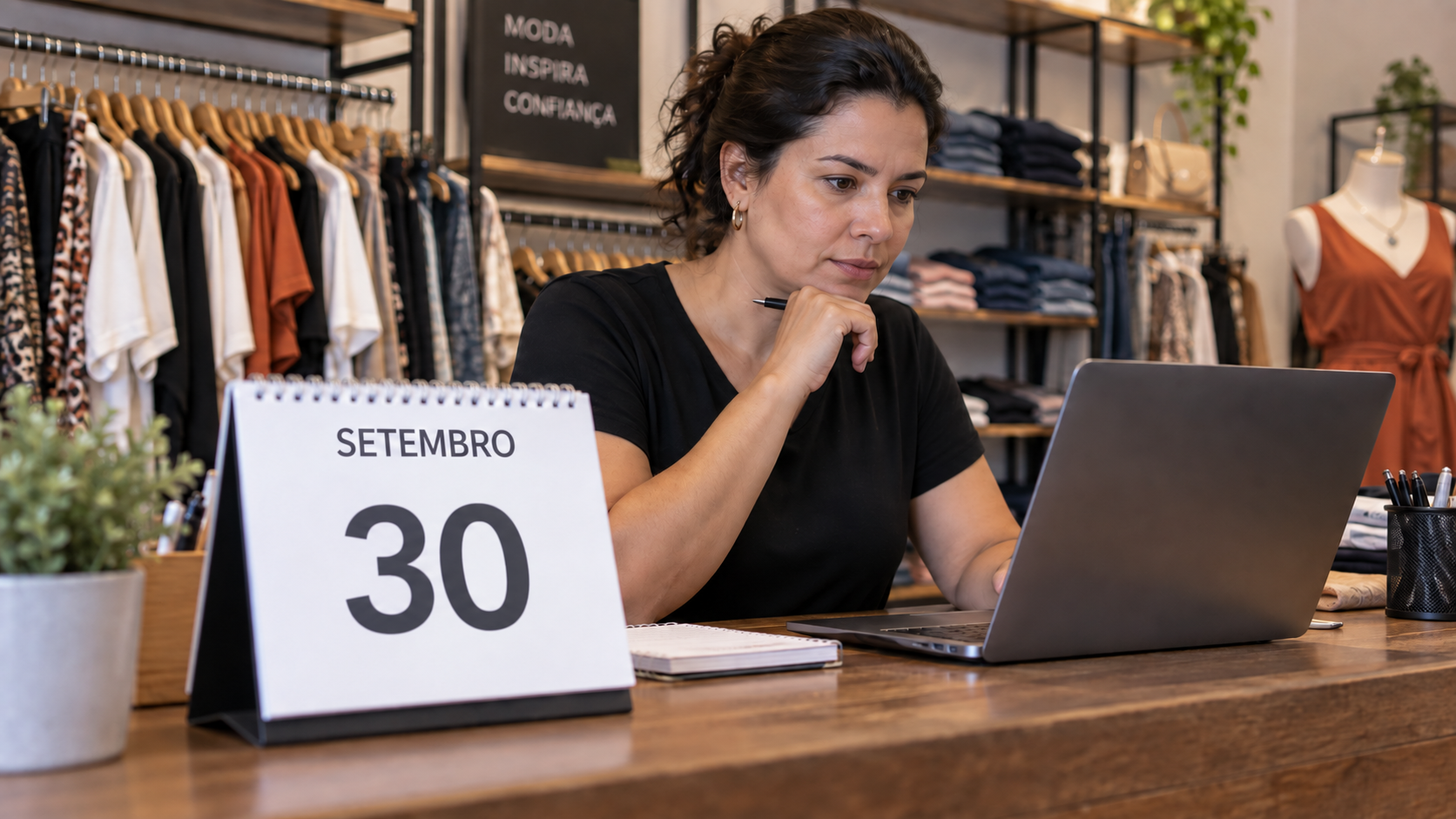 Comerciante consulta notebook ao lado de calendário ilustrativo marcado em 30 de setembro.