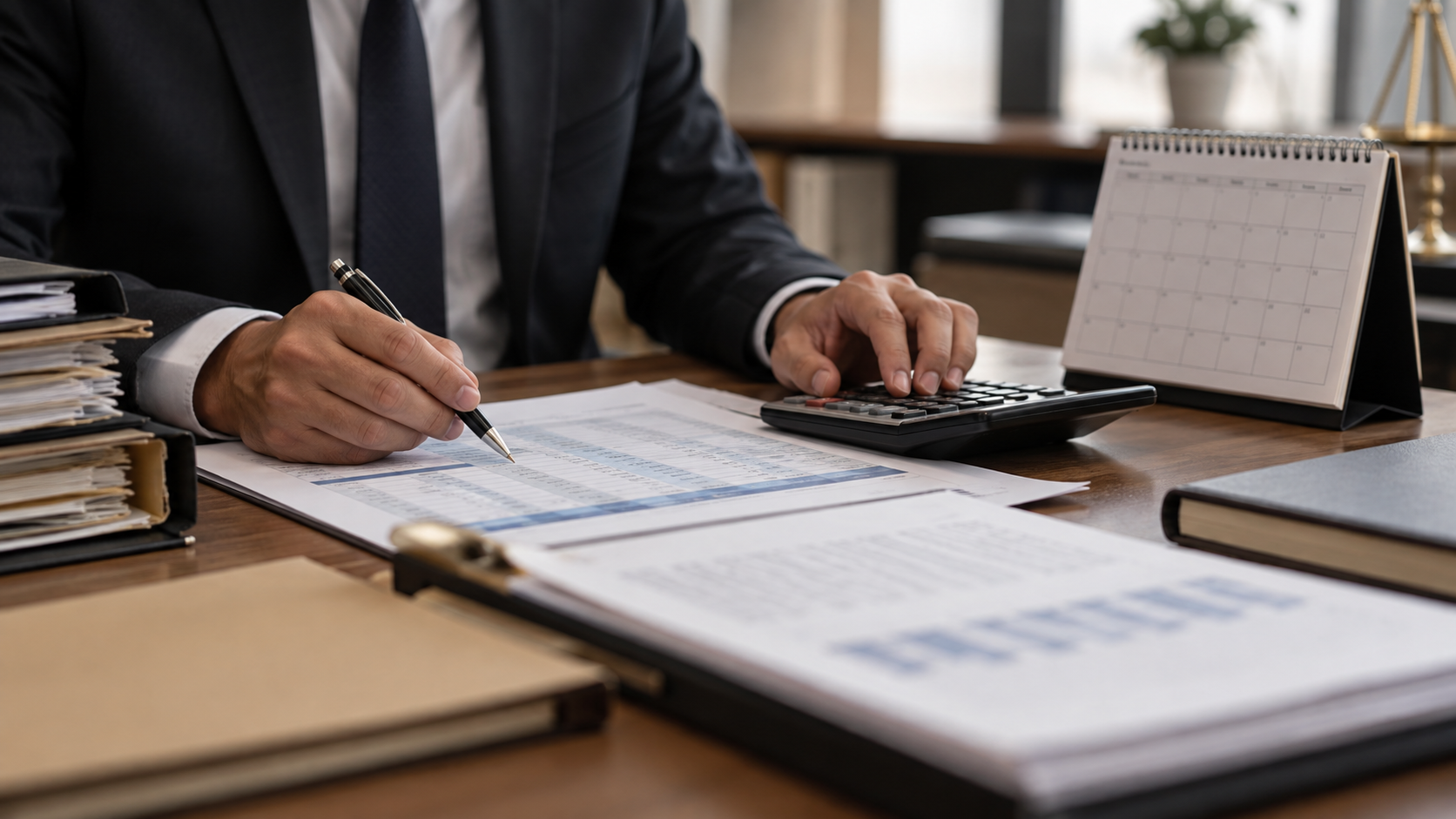 Mesa de trabalho com calendário, calculadora e documentos de planejamento tributário.