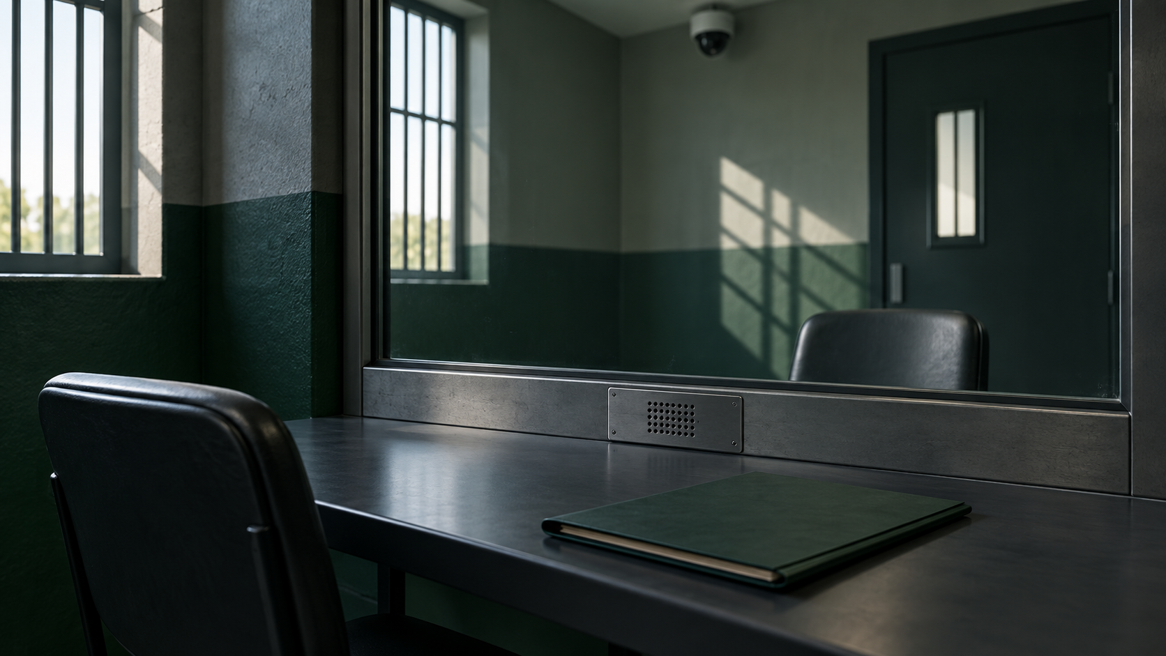 Parlatório penitenciário fictício vazio com divisória de vidro, dois assentos e câmera de segurança ao fundo.