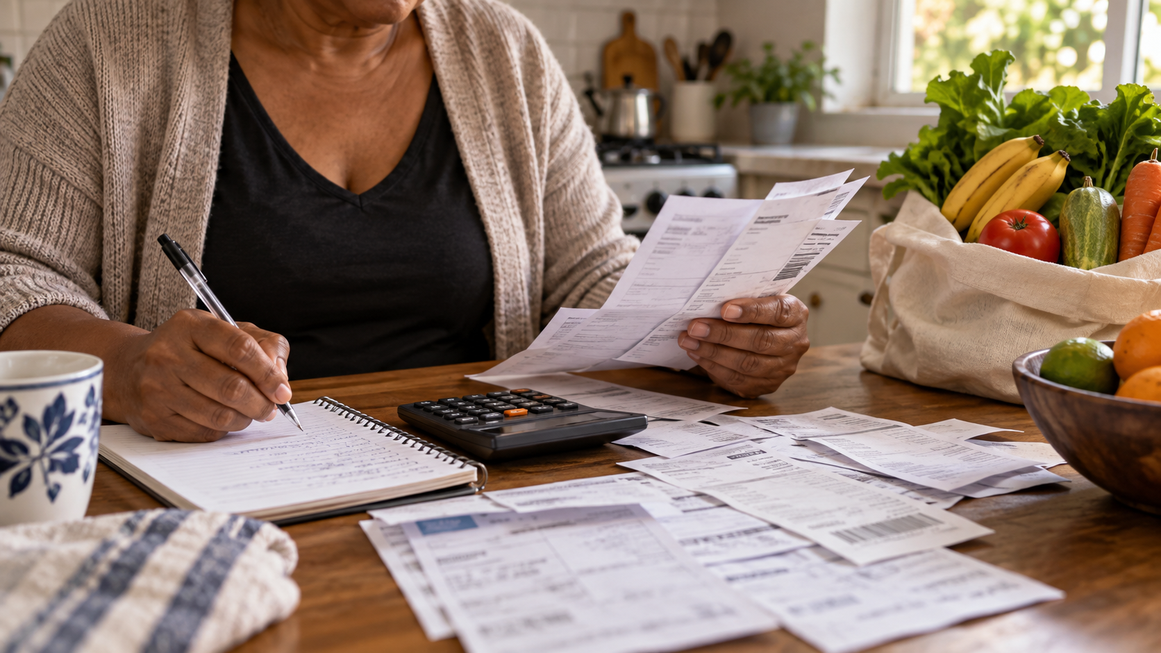 Mulher organiza contas e orçamento doméstico ao lado de alimentos e calculadora.