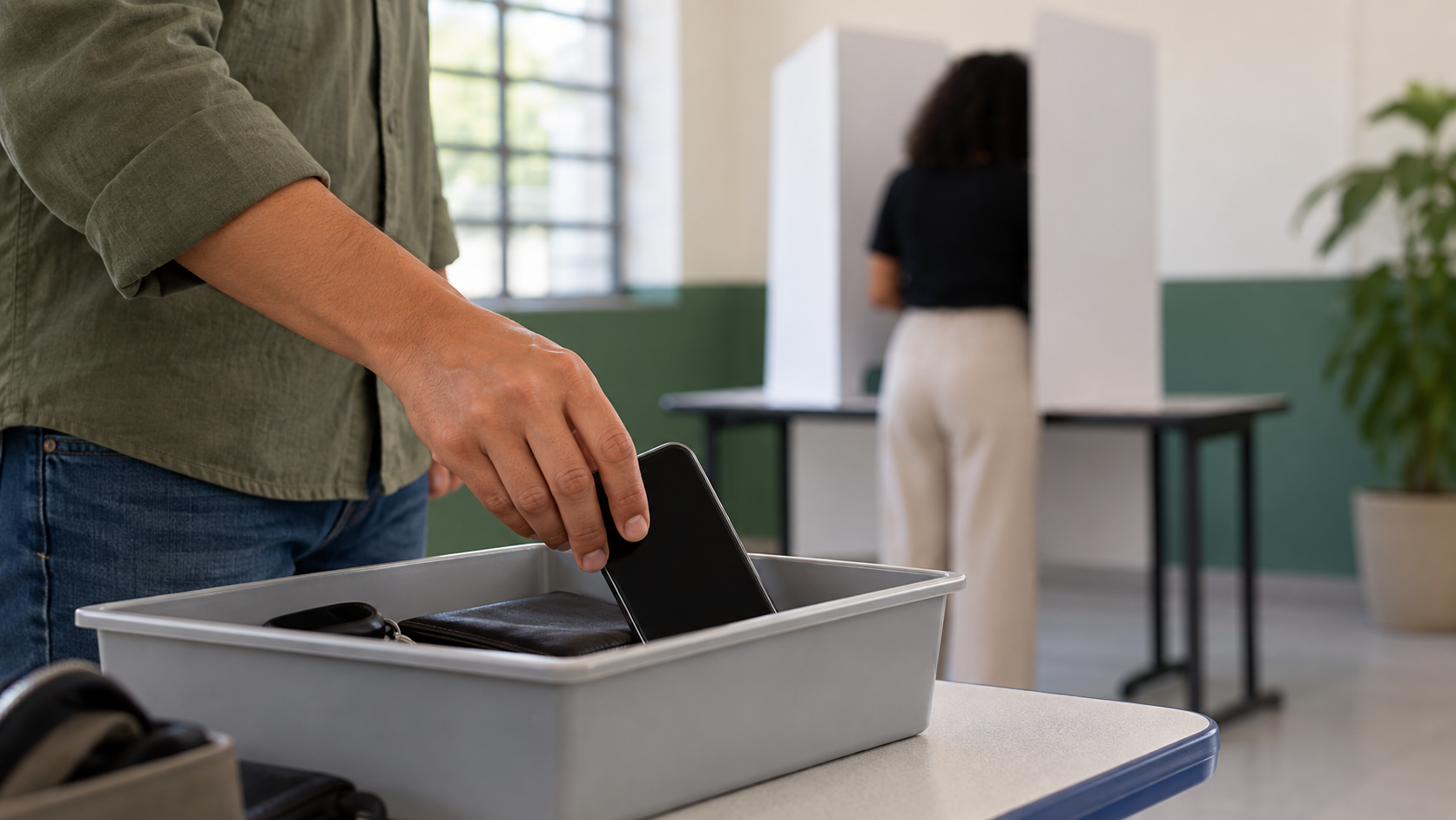 Mão deixa um celular desligado em bandeja antes de uma cabine de votação genérica.