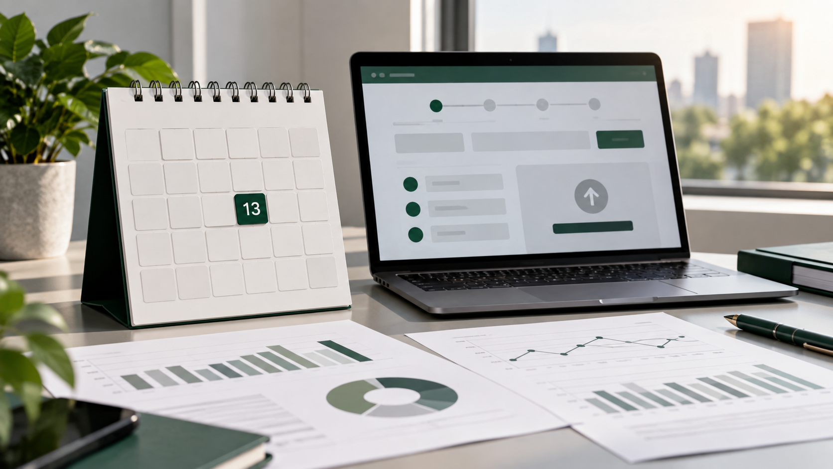 Calendário abstrato destaca o número 13 ao lado de notebook e relatórios financeiros fictícios sem dados reais.