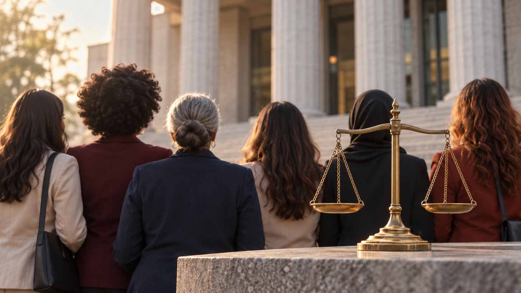 Documentos eleitorais fictícios aparecem sob um símbolo abstrato de pausa diante de silhuetas femininas.