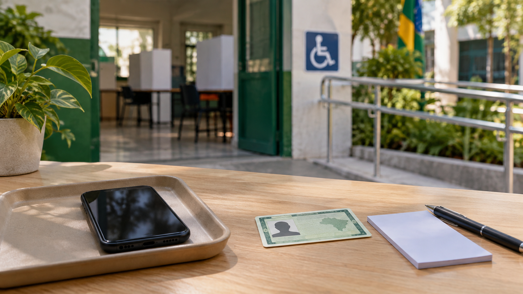 Celular desligado em bandeja, documento fictício e papel de anotações diante de local de votação acessível.