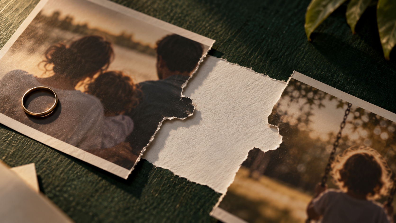 Fotografias familiares fictícias separadas por uma lacuna de papel, com um aro metálico.