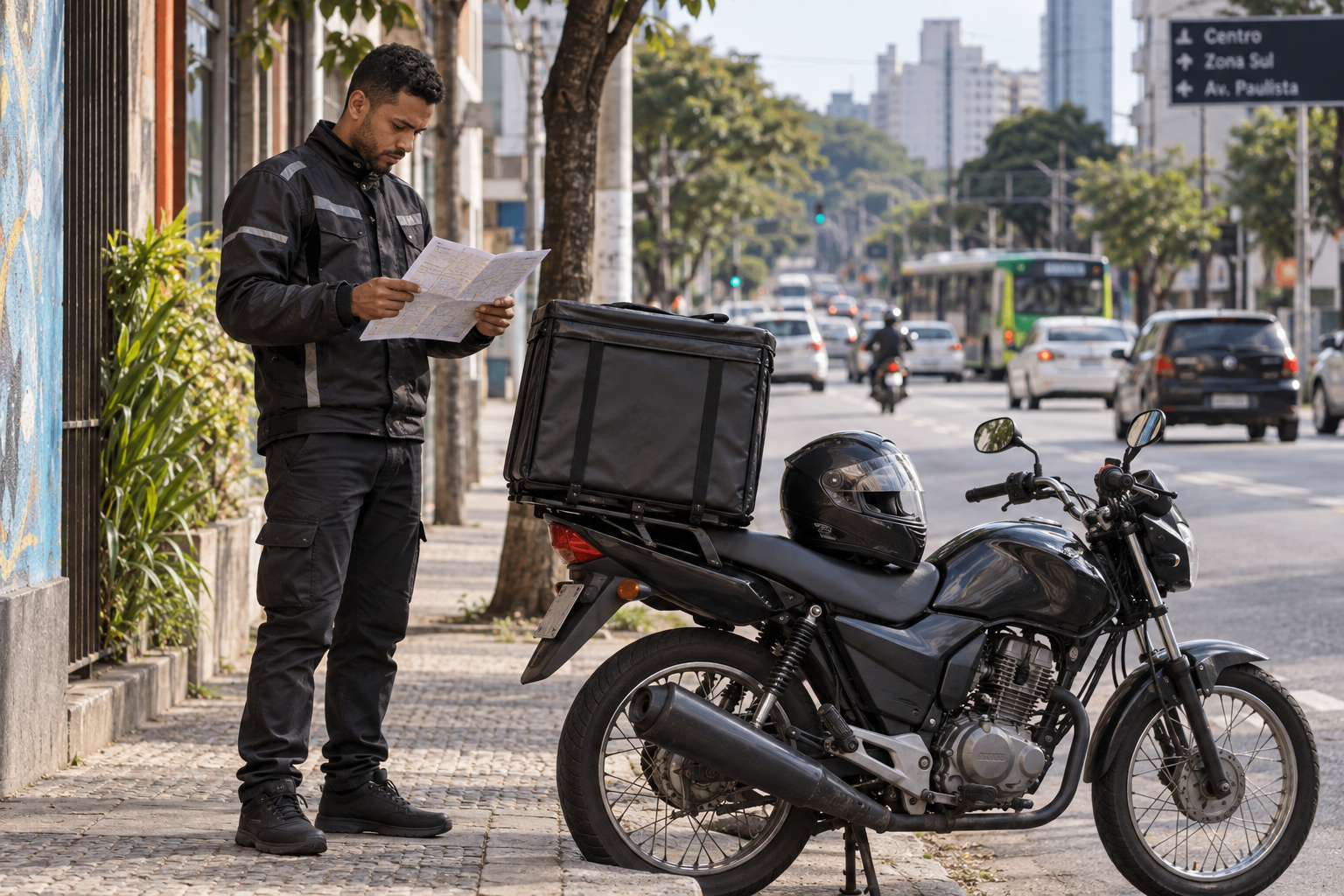 Ilustração de motocicleta estacionada e trabalhador conferindo um percurso.
