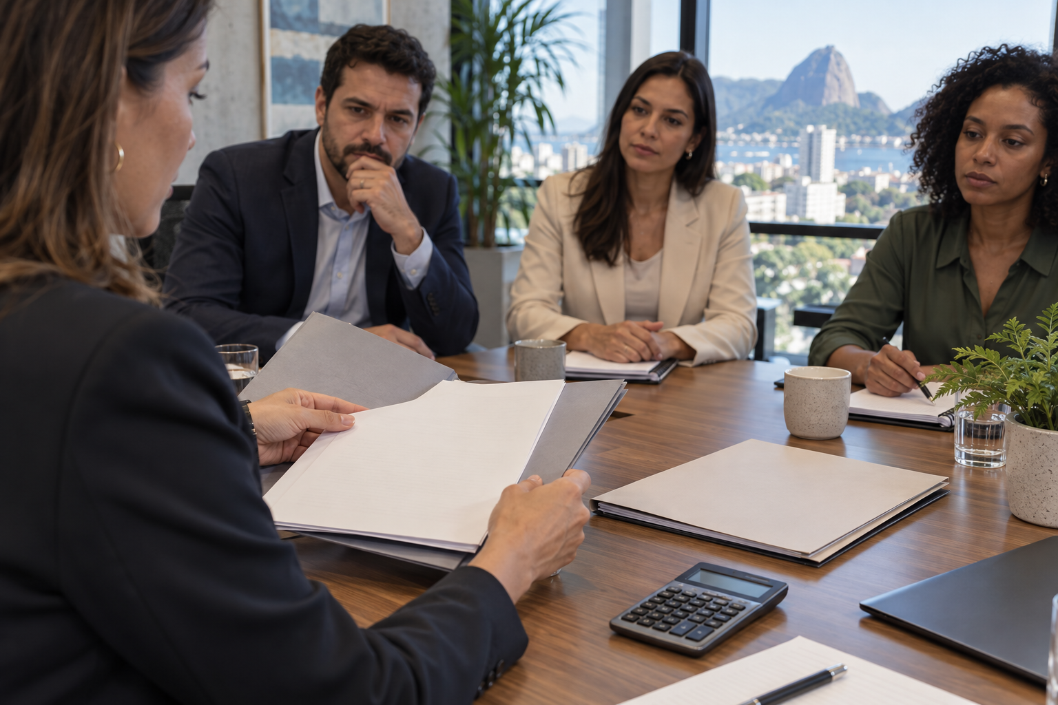 Ilustração de equipe examinando documentos contratuais em reunião.