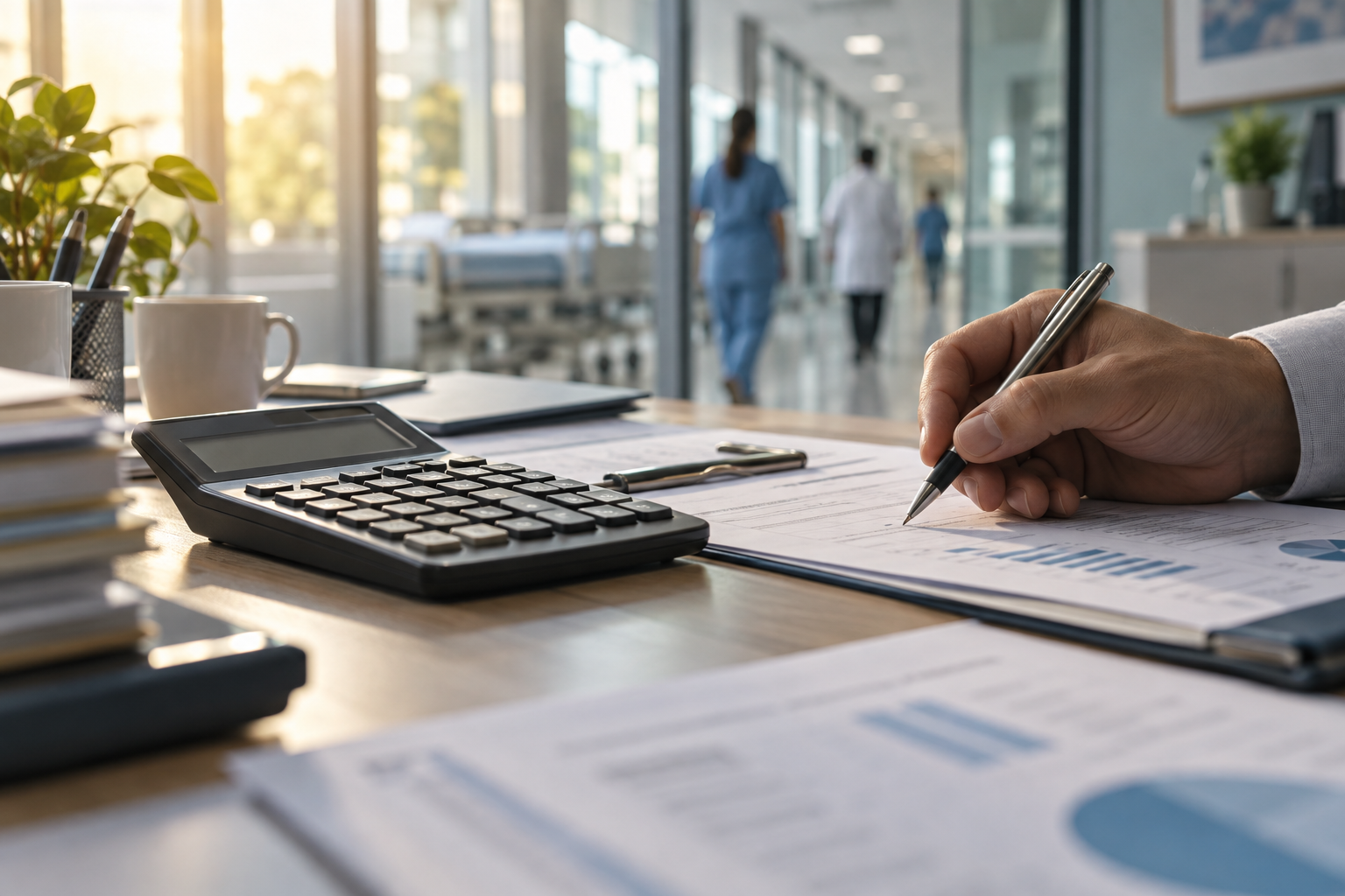 Calculadora e documentos sem dados identificáveis sobre uma mesa de gestão hospitalar.