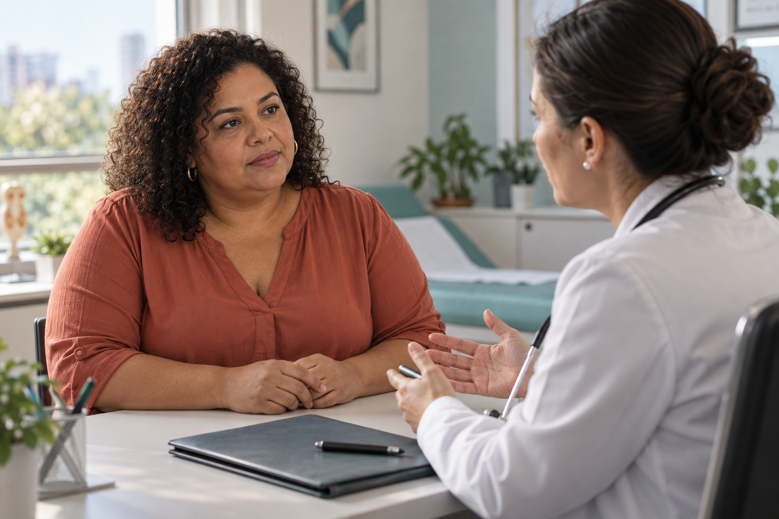 Mulher adulta conversando com profissional de saúde em consultório, em cena ilustrativa.